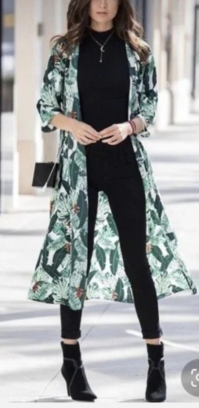 Rachel Zoe green tropical palm print duster kimono cover up Size OS Vacation